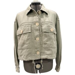 Who.a.u. Cali. Stylish Light Green Boxy Linen Utility Jacket with Buttons Med